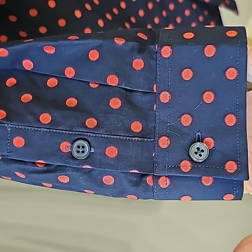 Peacebirt women's navy blue shirt red dots button down. Size large. Great fabric - Picture 4 of 10